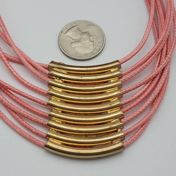 Pink And Gold Multi Strand Cord Tube Bib Necklace 19 In Gold Tone Lobster Clasp - Picture 6 of 6